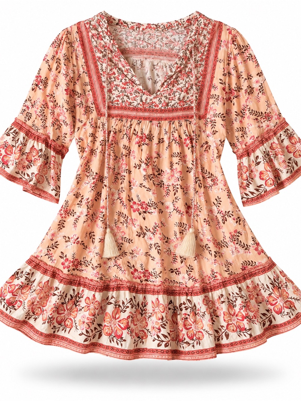 Peach Floral Boho Dress with Tassels